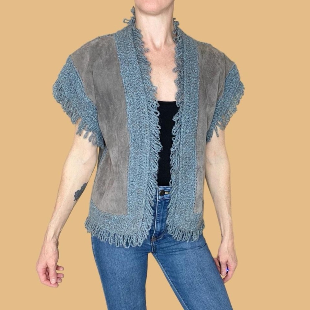 Vintage LeRoy Knitwear Grey Blue Leather Fringe Bohemian Cardigan